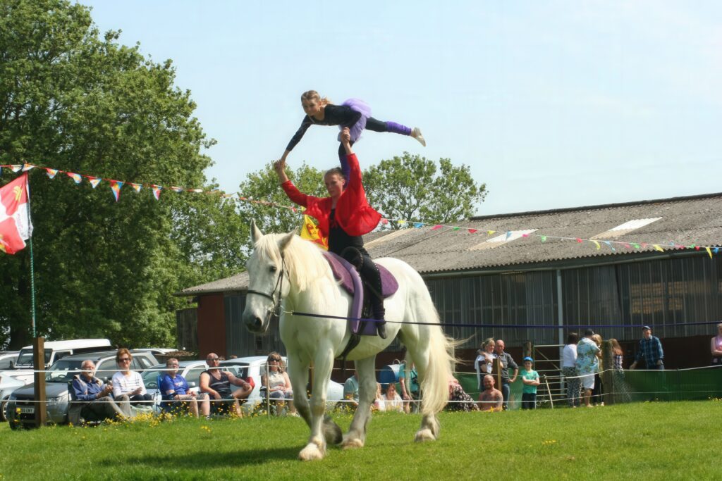 A person in a red jacket performs a heartfelt balancing act on a white horse, holding a girl aloft with one hand, whilst spectators watch from behind a fence at an outdoor event.