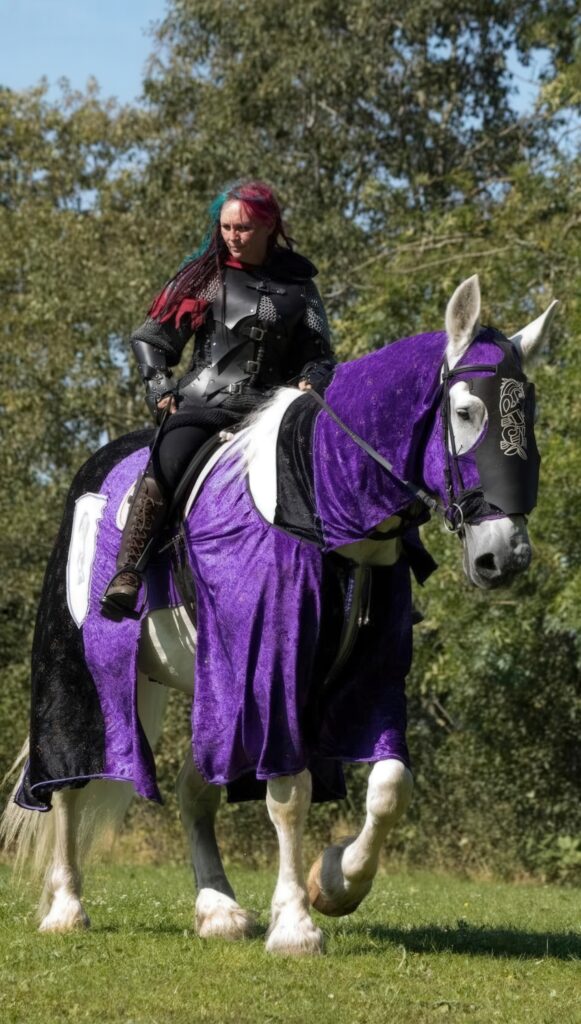 A person in medieval-style black armour with red hair rides a white horse draped in a purple and black costume, as if on a farewell journey. The horse, like a loyal bosun, wears a matching decorative head covering. Trees and green grass are in the background.