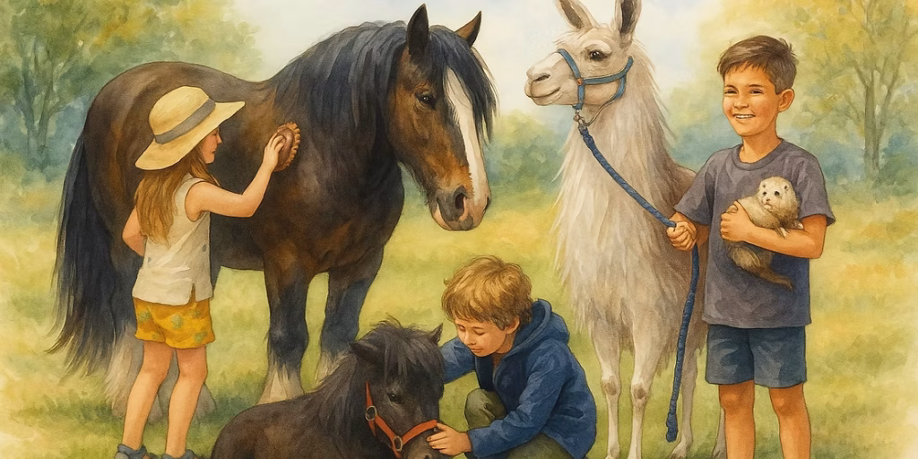 Three children interact with animals outdoors: a girl brushes a brown horse, a boy kneels beside a small pony, and another boy smiles whilst holding a ferret and leading a white llama. Trees and greenery fill the background.