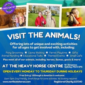 Colourful event poster for The Heavy Horse Centre in Spilsby invites visitors to Visit the Animals! Activities listed include pony grooming, llama walking, ferret playtime, and more. Open Mon-Thu in holidays; located near Skegness.