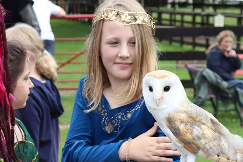 A young girl in a blue medieval-style dress and gold crown holds a white and brown barn owl on her arm. Other children and adults are in the background at an outdoor event.