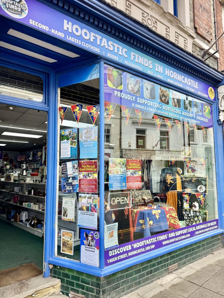 Shopfront of Hooftastic Finds in Horncastle, a blue charity shop supporting horse rescues, displaying posters, bunting, and various items in the window. Inside, shelves of second-hand goods are visible.