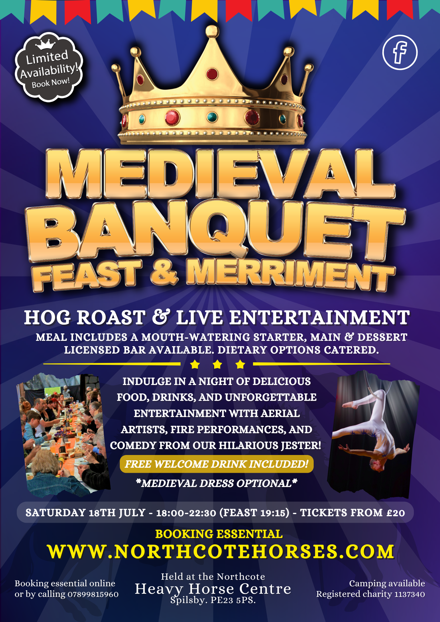 A colourful poster advertises a Medieval Banquet Evening with feast, merriment, hog roast, live entertainment, and more on 18 July at Northcote Horses. Features medieval graphics and booking details for this unforgettable Medieval Event.