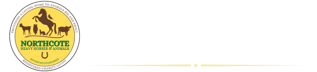 Logo for Northcote Heavy Horses & Animals charity, featuring silhouettes of a horse, dog, cat, and sheep in a yellow circle with green text and the tagline Providing a loving home to animals in desperate need.