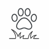 A simple black outline of an animal paw print above a small patch of grass on a white background.