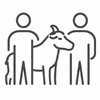 A simple line drawing of two people standing on either side of a cow, with the cow facing forwards and both people in an upright posture.