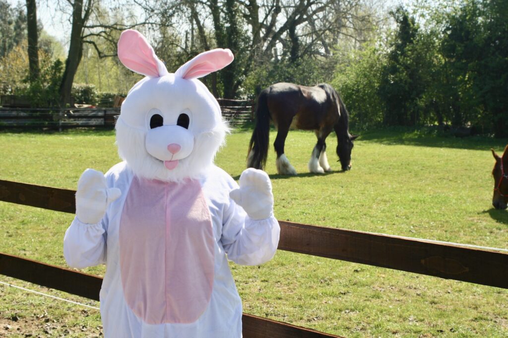 A person in a white and pink Easter Bunny costume stands in front of a wooden fence, with a large brown horse grazing on green grass in a sunlit field behind them. Trees and bushes are in the background.