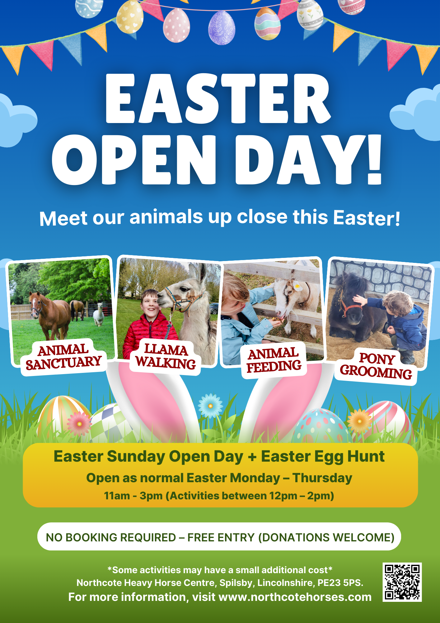 Poster for an Easter Open Day featuring horses, goats, animal sanctuary tours, llama walking, animal feeding, and pony grooming. Includes event details, timings, location at Northcote Heavy Horse Centre—and an exciting Easter Egg Hunt!.