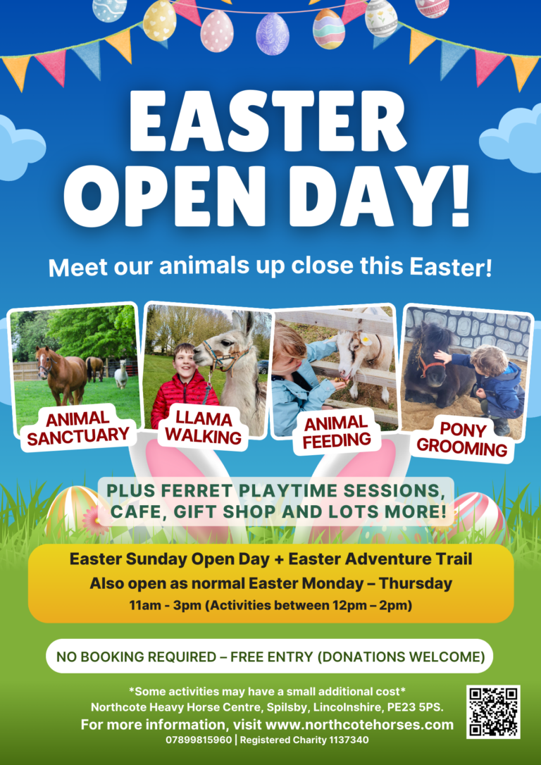 Easter Open Day poster featuring animals and children, with activities such as Easter Egg Hunt, animal sanctuary visits, llama walking, animal feeding, pony grooming, plus event details and colourful decorations such as eggs and flowers.