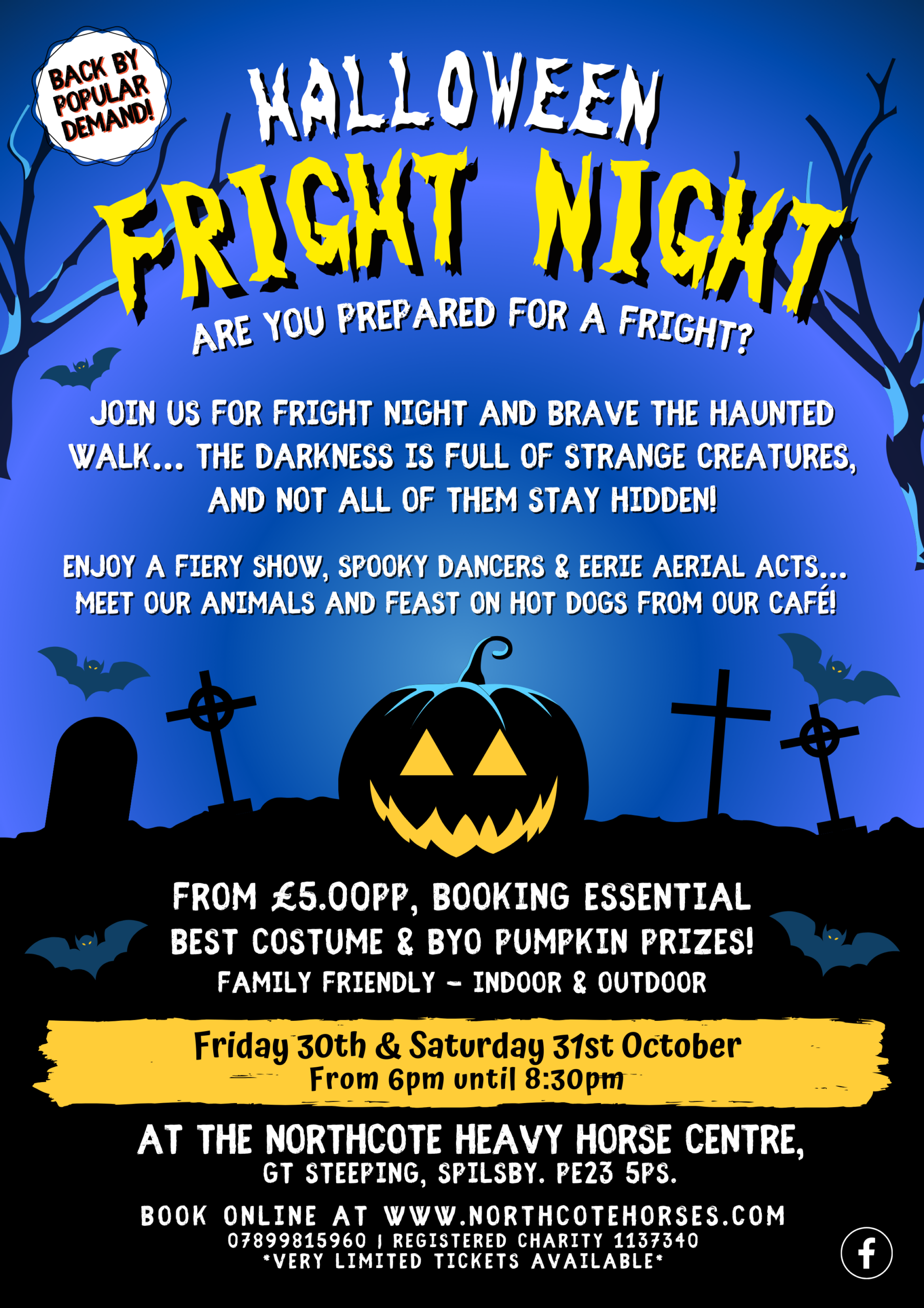 A Hallowe’en Fright Night event poster with bold yellow and white text, spooky graphics of a pumpkin, bats, and a moon, advertising Hallowe’en activities, prizes, and details for an event at Northcote Heavy Horse Centre.