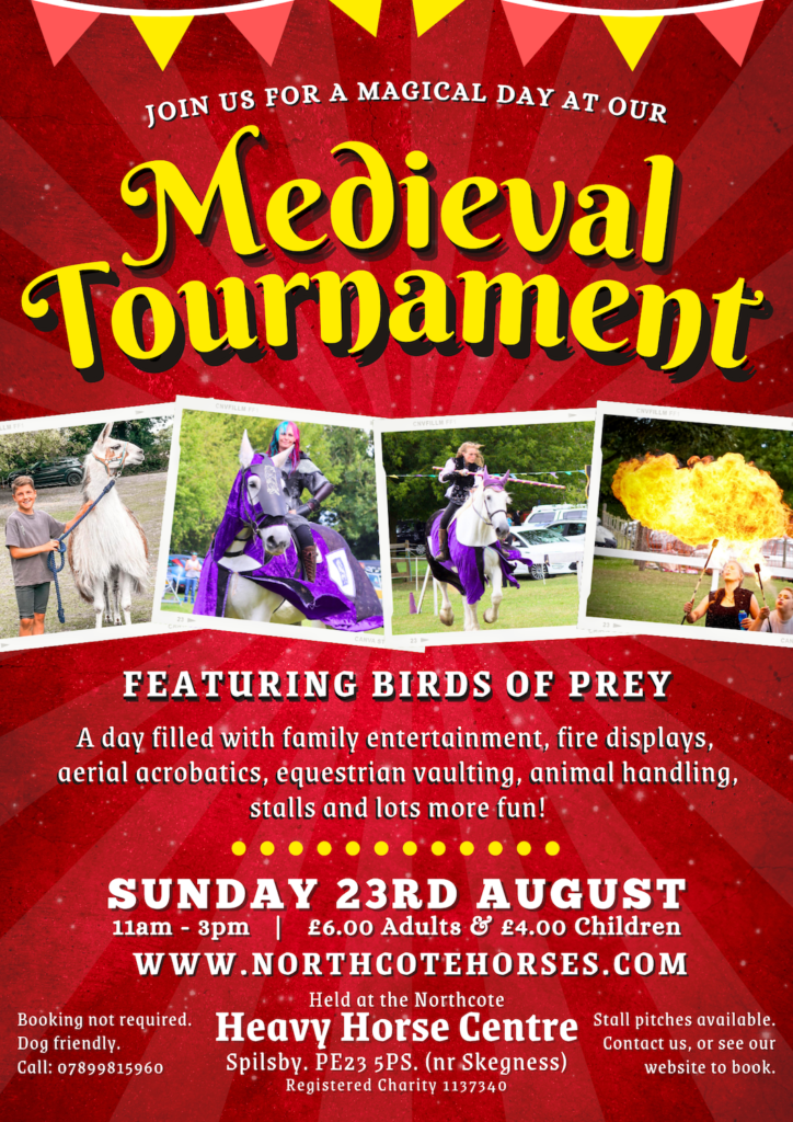 A colourful poster advertises a thrilling Medieval Tournament featuring horses, jousting, birds of prey, fire displays, and family entertainment. Event details, date, prices, and contact info appear on a bold red and yellow background.