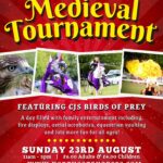 Medieval Tournament event poster with bold yellow text, images of a falcon, horseback jousting, and fire performance. Event at Heavy Horse Centre, Skegness, on Sunday 23rd August, featuring birds of prey and family entertainment.