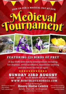 Medieval Tournament event poster with bold yellow text, images of a falcon, horseback jousting, and fire performance. Event at Heavy Horse Centre, Skegness, on Sunday 23rd August, featuring birds of prey and family entertainment.