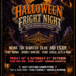 Halloween Fright Night event poster with haunted circus, pumpkins, skeletons, bats, and event details for 30th and 31st October at Northcote Horses, Spilsby. Includes info about fancy dress competition and ticket booking.