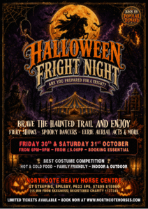Halloween Fright Night event poster with haunted circus, pumpkins, skeletons, bats, and event details for 30th and 31st October at Northcote Horses, Spilsby. Includes info about fancy dress competition and ticket booking.