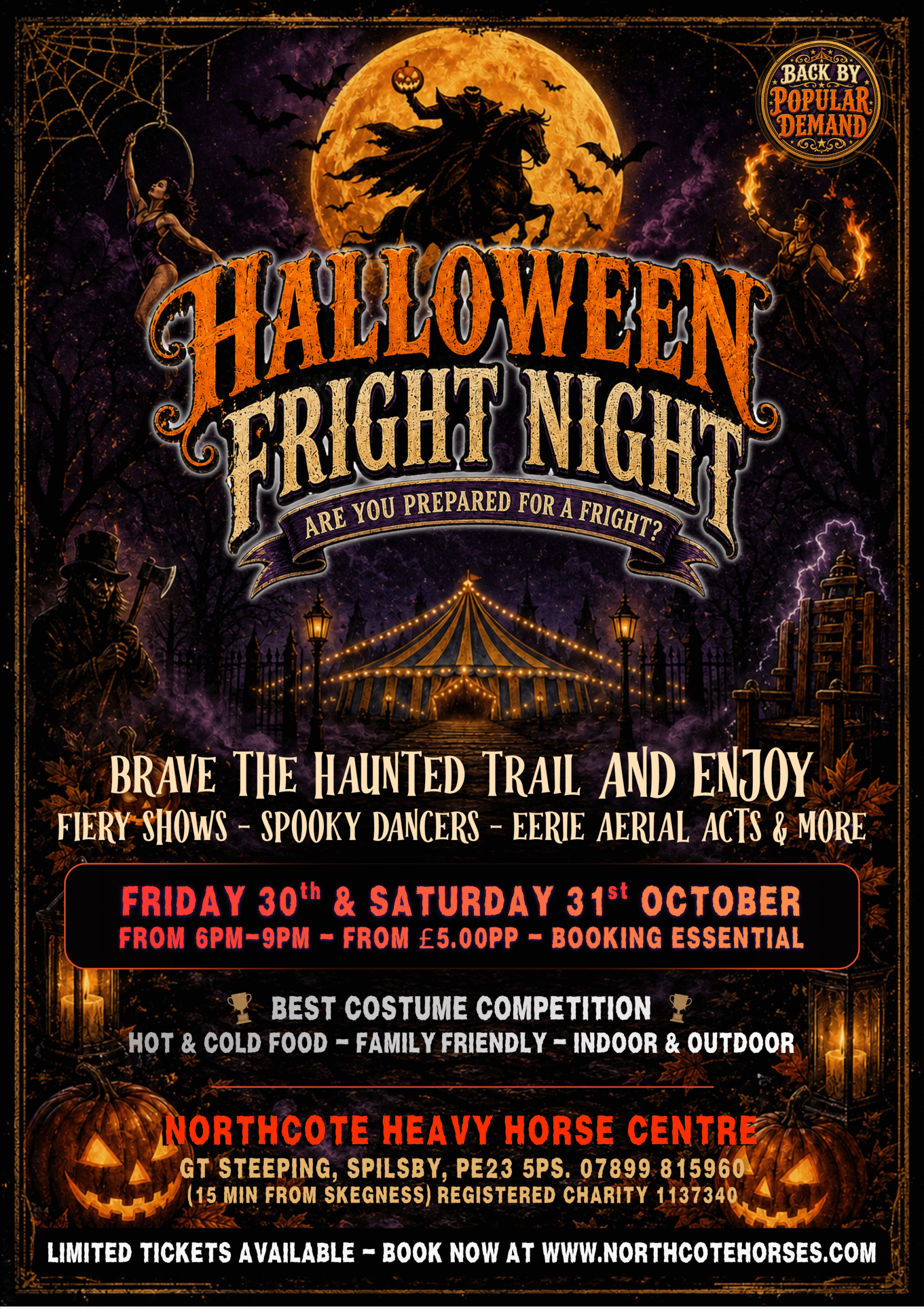 Halloween Fright Night event poster with haunted circus, pumpkins, skeletons, bats, and event details for 30th and 31st October at Northcote Horses, Spilsby. Includes info about fancy dress competition and ticket booking.