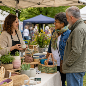 A woman vendor smiles while showing ceramic pottery to a man and woman at an outdoor market stall filled with handmade baskets, bowls, and potted plants. Trees and other marquees are visible in the background.
